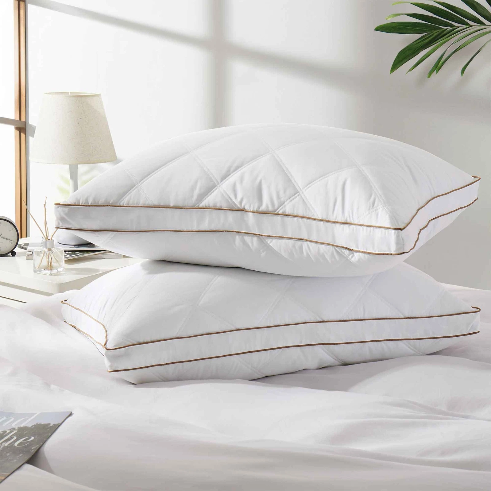 Set of 2 Bed Pillows King or Queen Gusset Down Fea